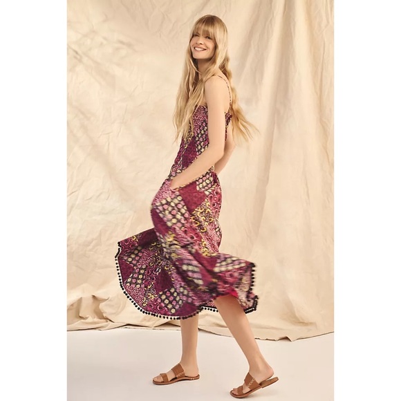 NWT RARE ANTHROPOLOGIE ABSTRACT SMOCKED POMMED MIDI DRESS - Picture 5 of 7